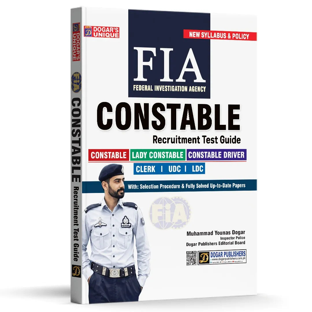 Book titled 'FIA Constable Recruitment Test Guide' with a police officer on the cover.