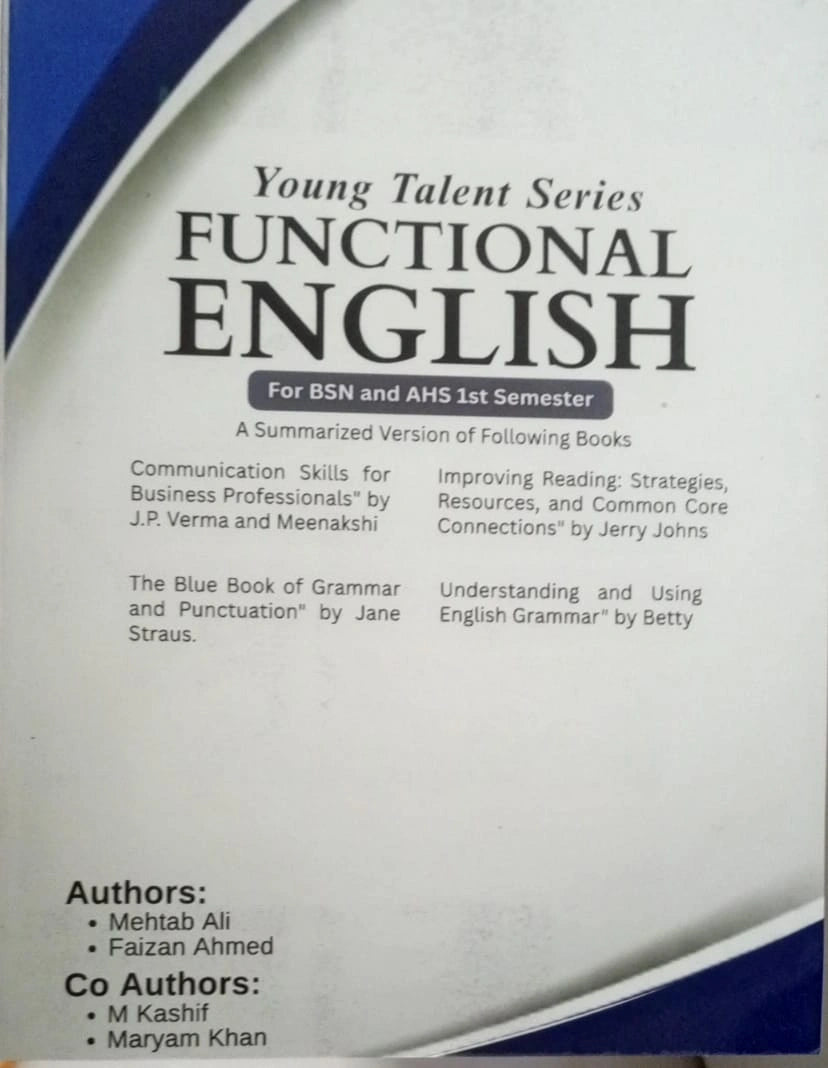 Book titled 'Functional English' from the Young Talent Series with a blue and white cover.