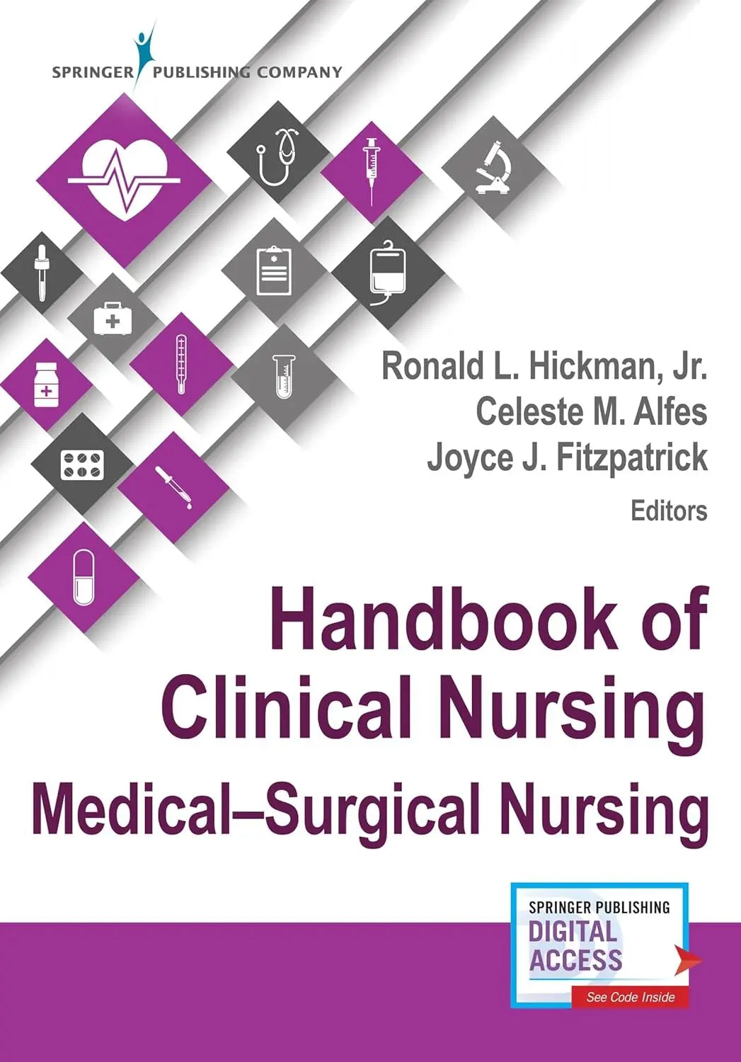 Book cover of 'Handbook of Clinical Nursing: Medical-Surgical Nursing' with icons and Springer Publishing Company logo.