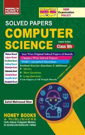 Book cover of 'Solved Papers Computer Science Class 9th' by Honey Books with colorful design and text.