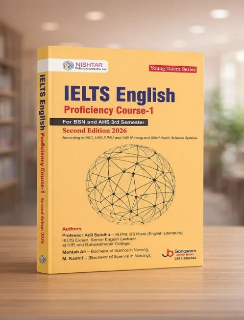 Book titled 'IELTS English Proficiency Course-1' on a wooden surface with a blurred background