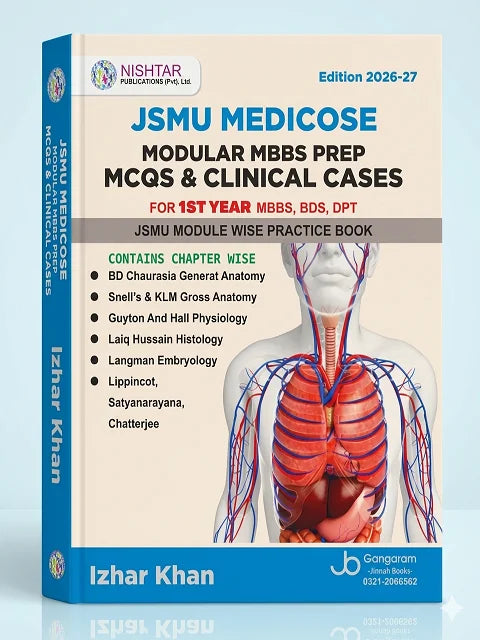 Book cover of 'JSMU Medicose Modular MBBS Prep MCQs & Clinical Cases' by Izhar Khan on a light blue background.