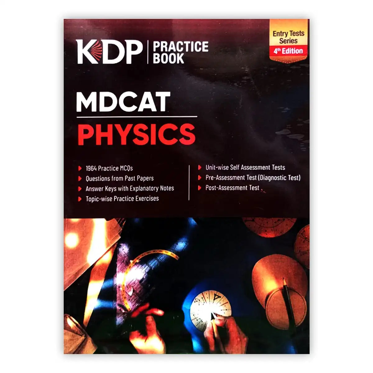 KDP MDCAT Physics practice book cover with text and a dark background