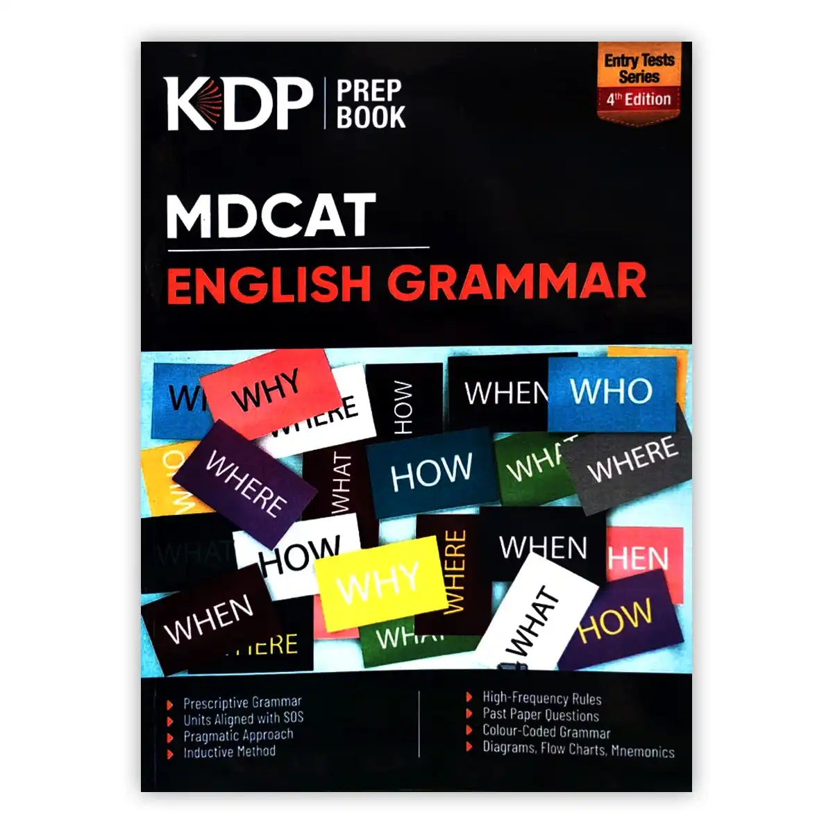 KDP MDCAT English Grammar prep book with colorful text boxes on a black background