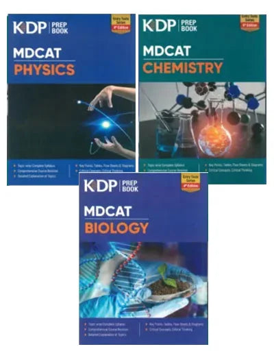 Three KDP Prep Book covers for MDCAT Physics, Chemistry, and Biology on a white background.
