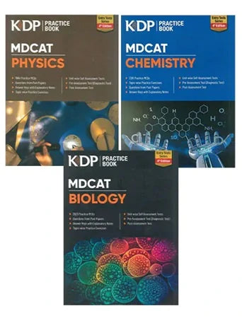 Three Kips practice books for MDCAT Physics, Chemistry, and Biology on a white background.