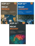 Three Kips practice books for MDCAT Physics, Chemistry, and Biology on a white background.
