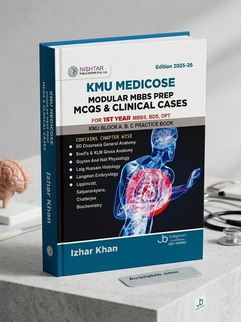 Book titled 'KMU Medicose' on a gray surface with medical equipment in the background