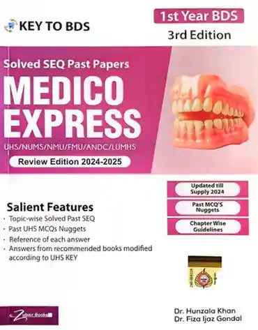 Book cover of 'Medico Express' with dental imagery and text about past papers and review edition.
