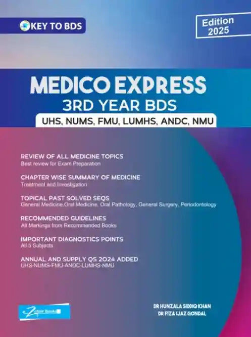 Book cover of 'Medico Express 3rd Year BDS' with a blue and pink gradient background.