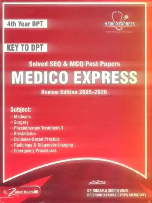 Red book cover of Medico Express with text about solved past papers and review edition.