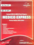 Red book cover of Medico Express with text about solved past papers and review edition.