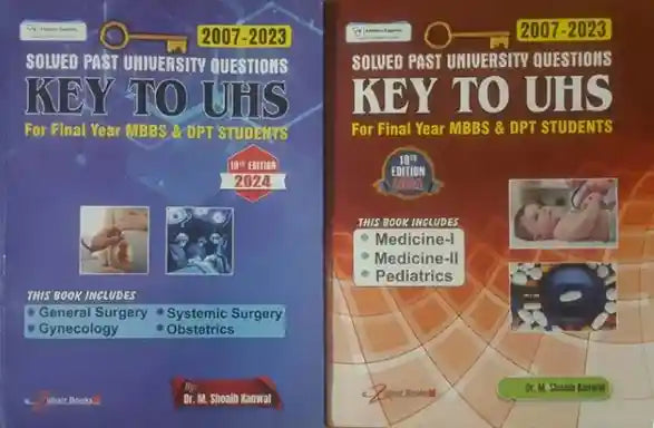 Two books titled 'Key to UHS' on a blue and orange background