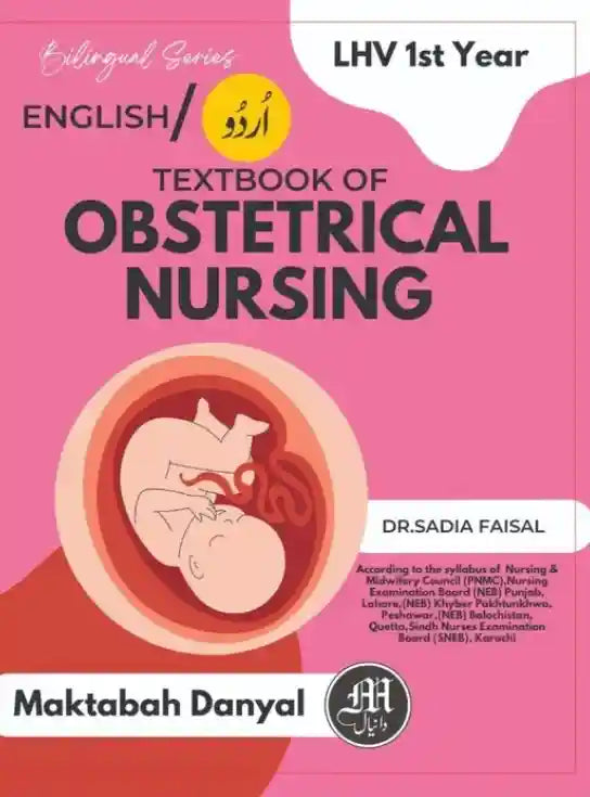 Textbook of Obstetrical Nursing with pink cover and illustration of a pregnant woman, published by Maktabah Danyal.