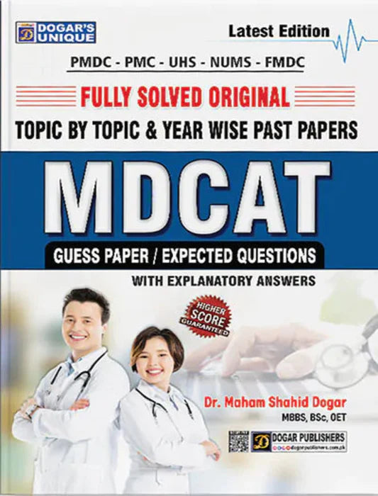 Book cover of MDCAT preparation guide with doctors and text on a white background