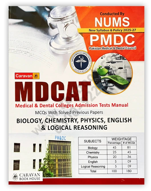 Book cover of MDCAT preparation manual with NUMS PMDC logo and subject weights.