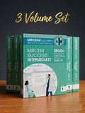 Three books from the MRCEM Success series on a wooden surface with a dark background