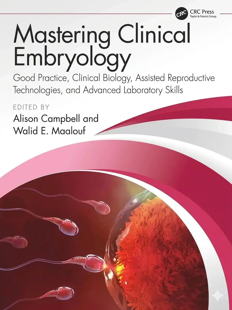 Book cover of 'Mastering Clinical Embryology' with sperm cells and an egg on a pink and white background.