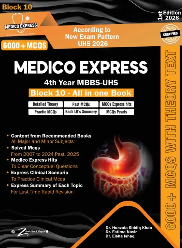 Book cover of Medico Express 4th Year MBBS-UHS Block 10 with heart illustration on a dark background