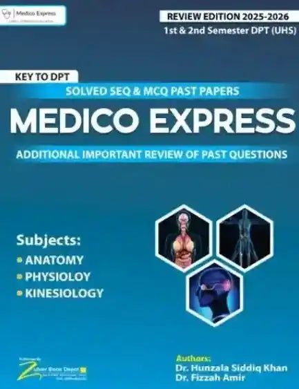Book cover of Medico Express for medical students with blue background and anatomical illustrations.