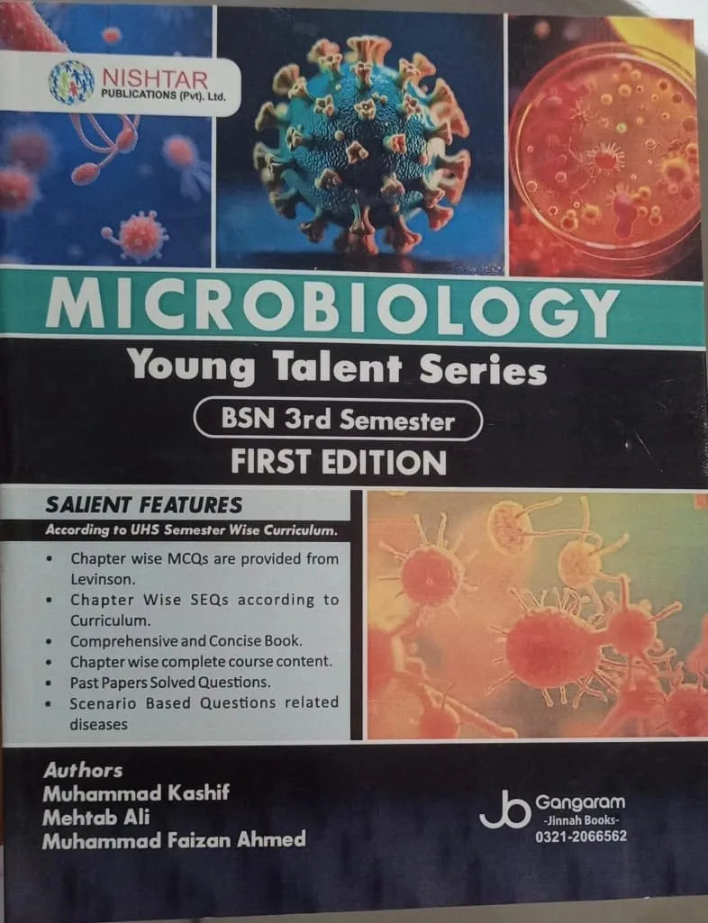 Book cover of 'Microbiology' by Nishtar Publications, featuring images of viruses and bacteria.
