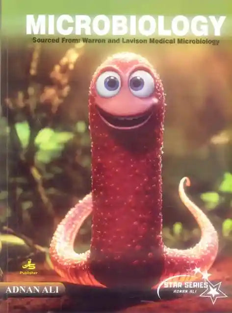 Book cover of 'Microbiology' with a cartoon red worm character on a blurred natural background