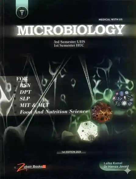 Book cover of 'Microbiology' for 3rd Semester UHS and 1st Semester HEC, featuring microscopic images.