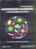 Microbiology handbook cover with colorful illustrations of microorganisms on a dark background