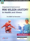 Book cover of 'Organized & Summarized Mini Wilson Anatomy in Health and Illness' by Aiman Shakoor, featuring an anatomical illustration and a medical professional.