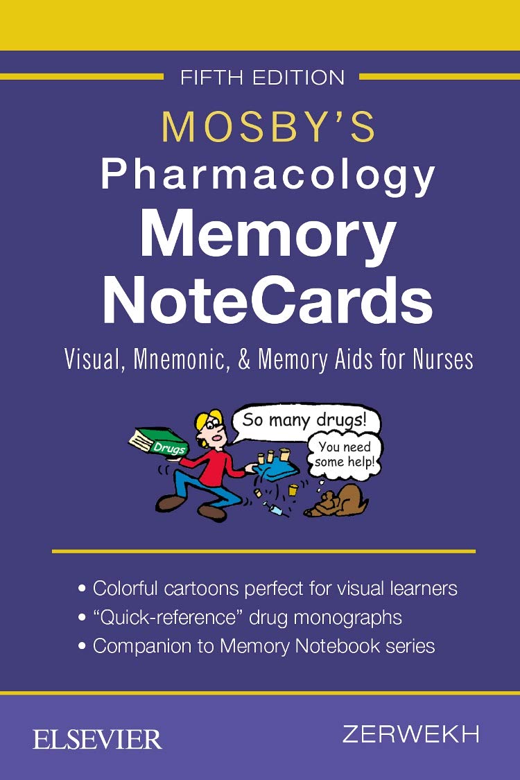 Mosby's Pharmacology Memory NoteCards book cover with blue background and cartoon illustration.