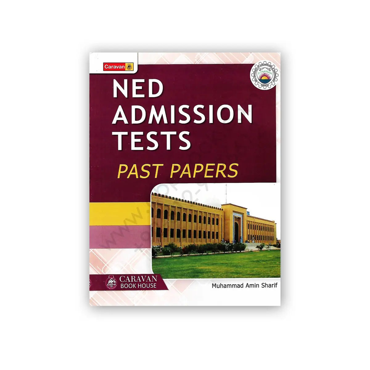 Book titled 'NED Admission Tests Past Papers' by Caravan Book House on a white background