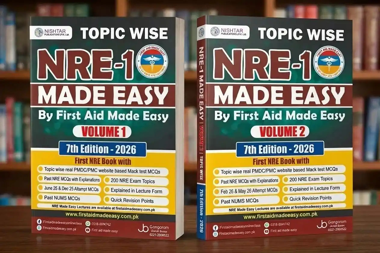 Two books titled 'NRE-1 Made Easy' by First Aid Made Easy on a wooden surface with a blurred bookshelf background.