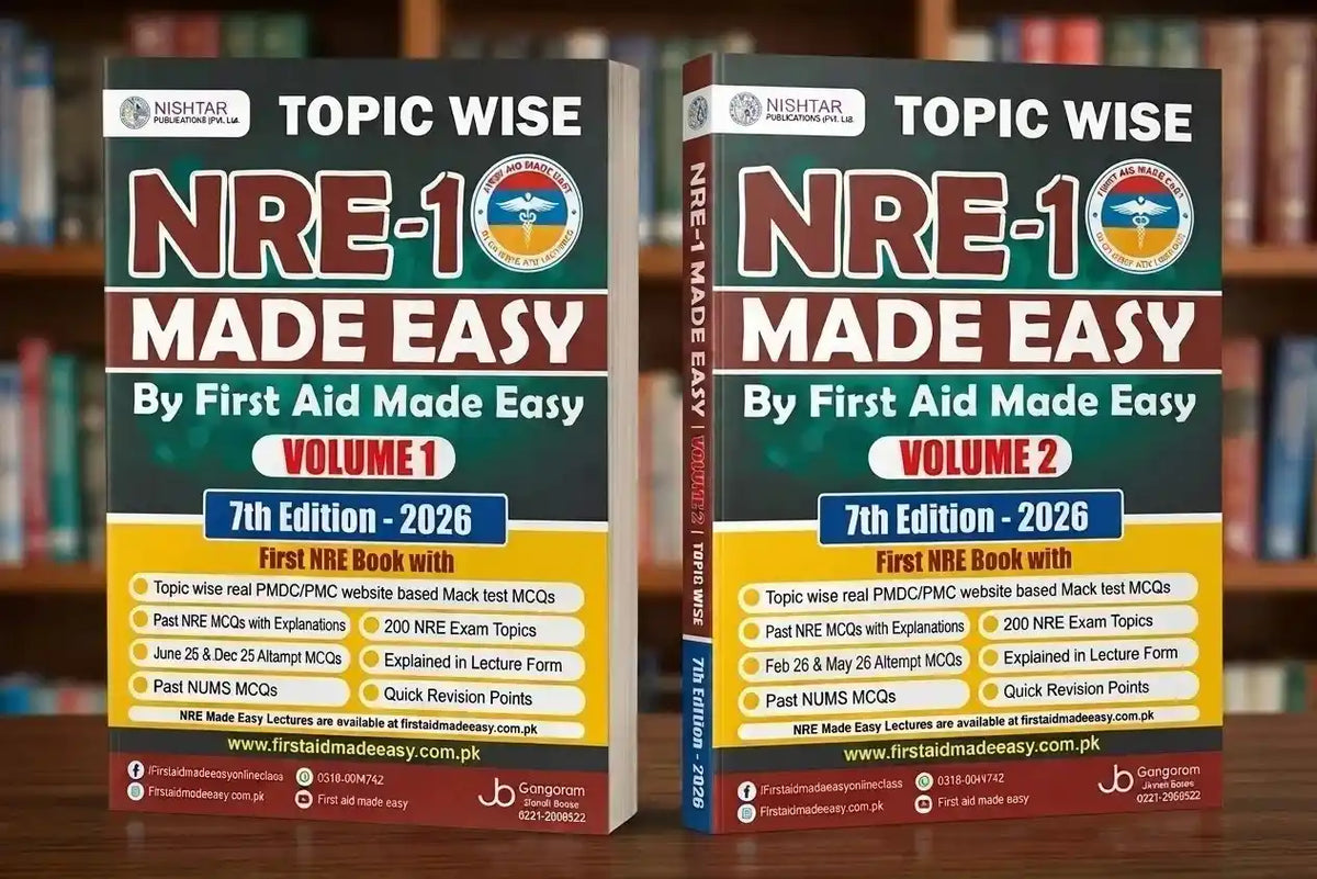 Two books titled 'NRE-1 Made Easy' by First Aid Made Easy on a wooden surface with a blurred bookshelf background.