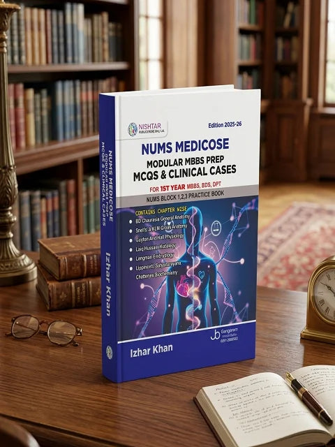 Book titled 'NUMS MEDICOSE Modular MBBS Prep MCQs & Clinical Cases' on a wooden table with a bookshelf in the background.