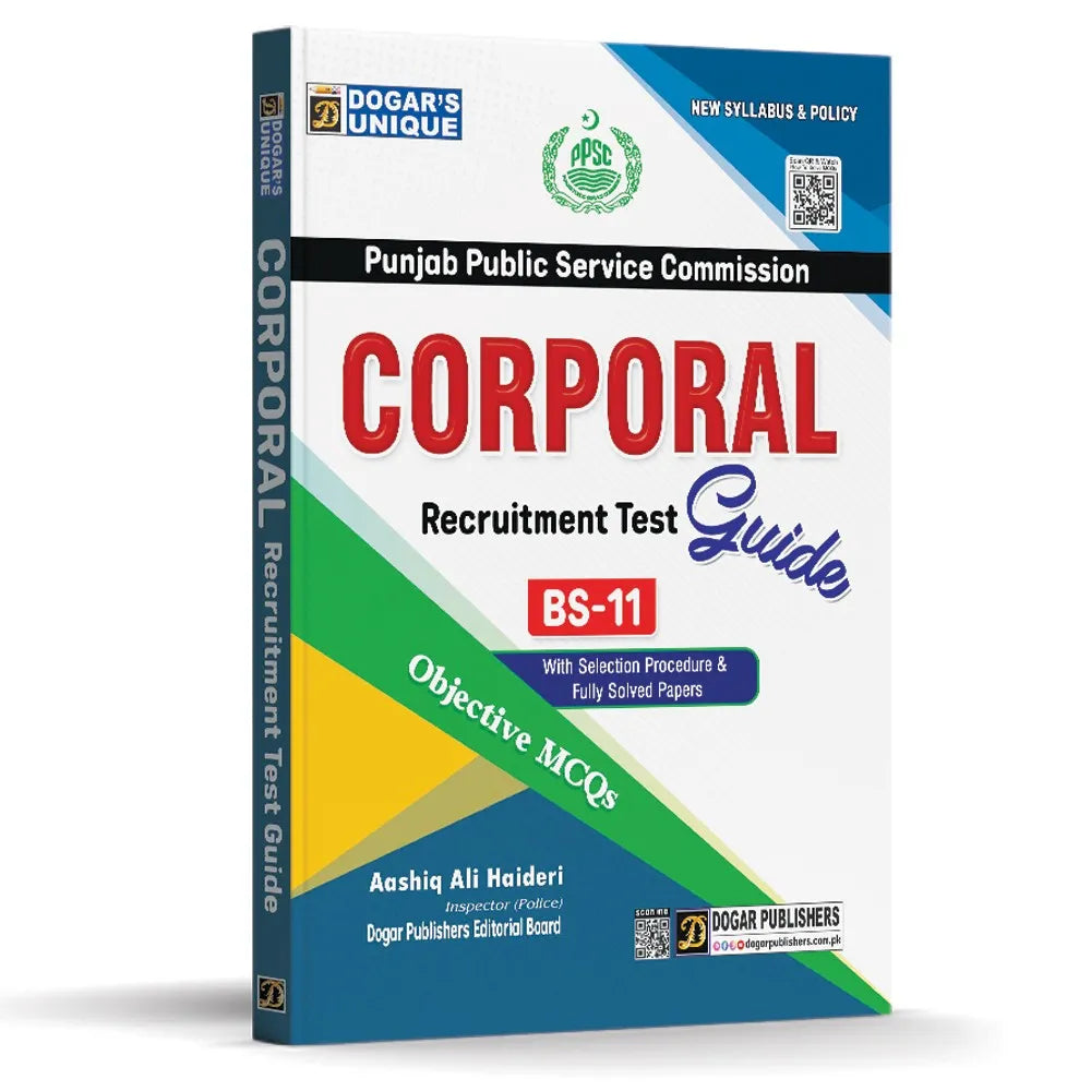 Book titled 'Corporal Recruitment Test Guide' for Punjab Public Service Commission on a white background