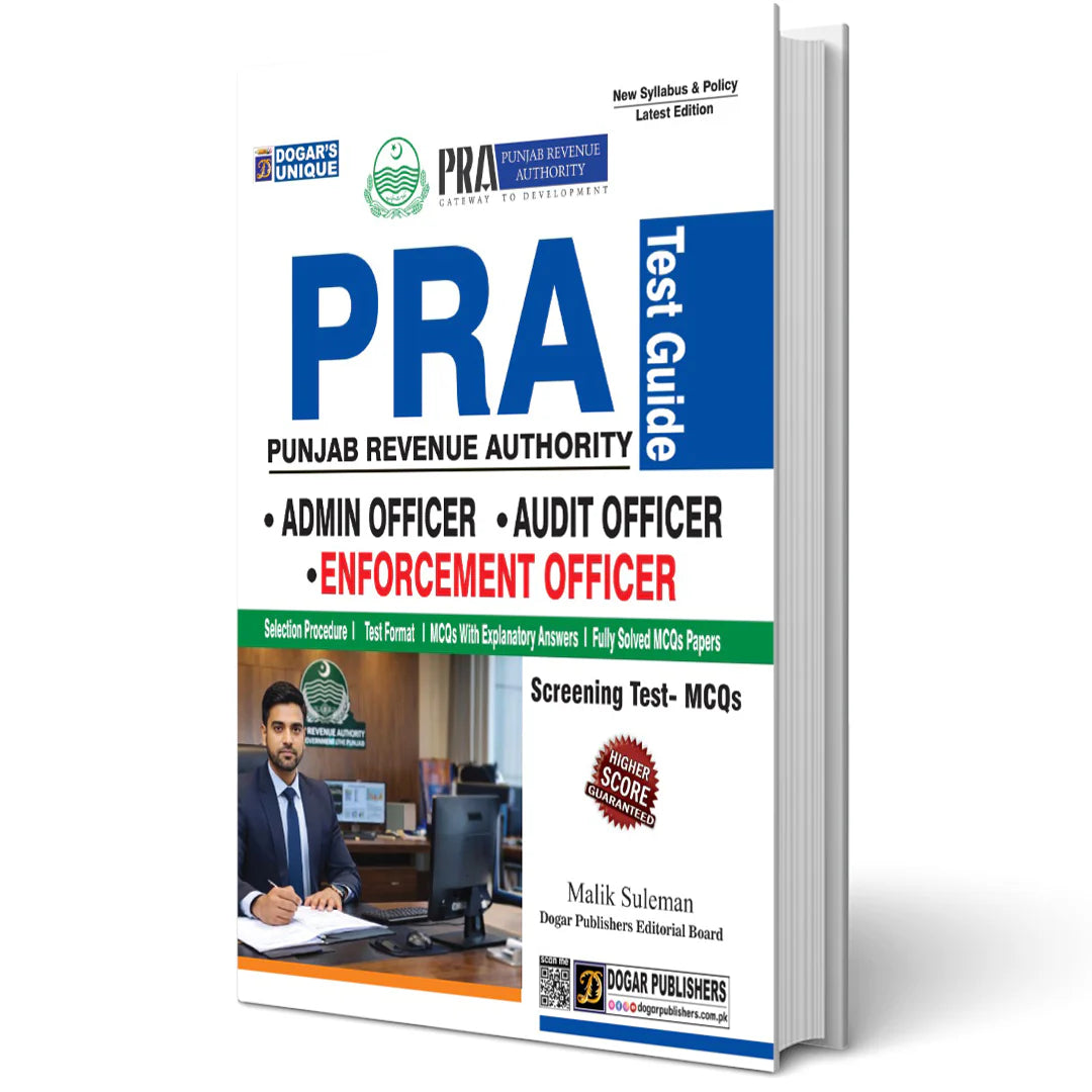 Book titled 'PRA Test Guide' for Punjab Revenue Authority with a cover image of a man at a desk.