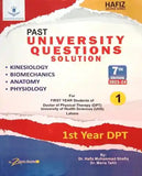 Book cover of 'Past University Questions Solution' for 1st Year DPT students, featuring topics like Kinesiology, Biomechanics, Anatomy, and Physiology.