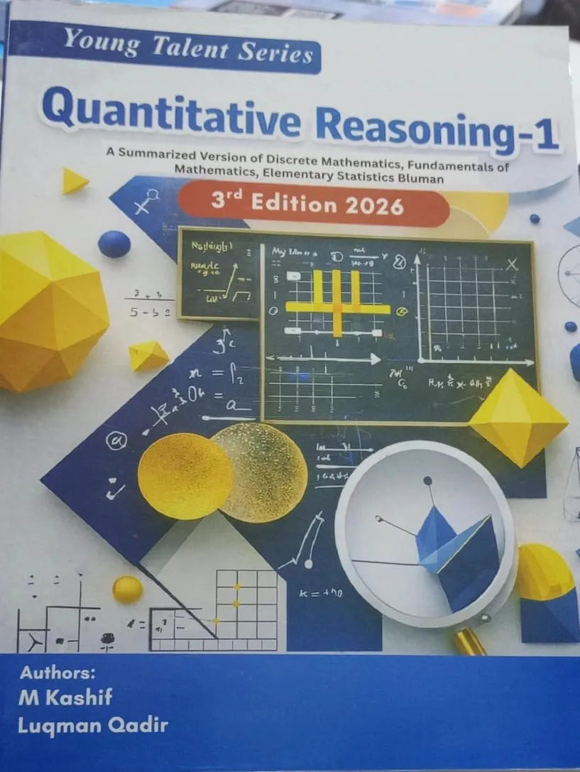 Book titled 'Quantitative Reasoning-1' from the Young Talent Series with mathematical diagrams and symbols on the cover.