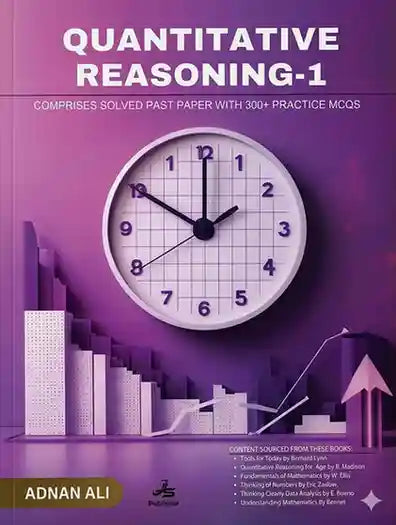 Book cover of 'Quantitative Reasoning-1' with a clock and graphs on a purple background