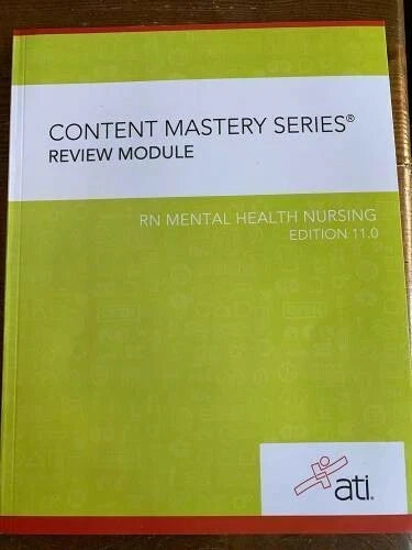 Book titled 'Content Mastery Series Review Module' for RN Mental Health Nursing with ATI logo on a wooden surface.