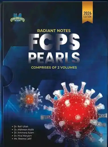 Book titled 'Radiant Notes FCPS Pearls' with virus models on a blue background
