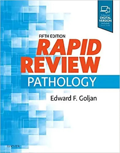 Book cover of 'Rapid Review Pathology' by Edward F. Goljan with a blue and orange design.