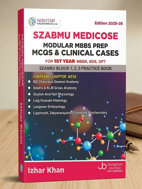Book titled 'SZABMU MEDICOSE' on a wooden surface with a beige background