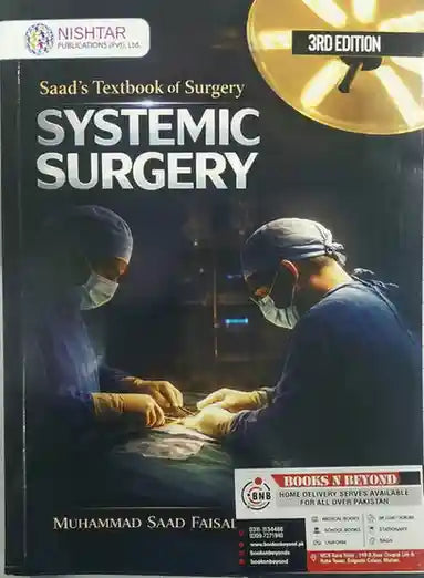 Book titled 'Systemic Surgery' by Saad's Textbook of Surgery with a cover photo of surgeons operating.