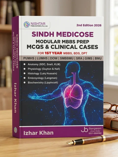 Book titled 'Sindh Medicose Modular MBBS Prep MCQs & Clinical Cases' on a wooden surface with a pen.