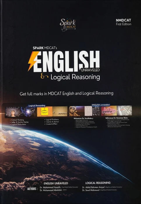 Book cover of 'Spark MDCAT's English Unraveled & Logical Reasoning' with space-themed design.