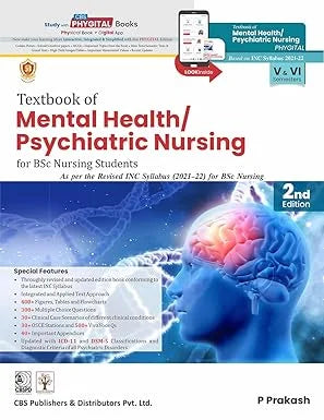 Textbook of Mental Health/Psychiatric Nursing for BSc Nursing Students on a blue background with a brain illustration.