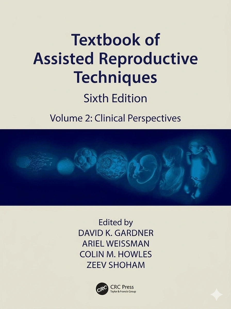Textbook cover of 'Textbook of Assisted Reproductive Techniques' with images of embryos on a blue background.