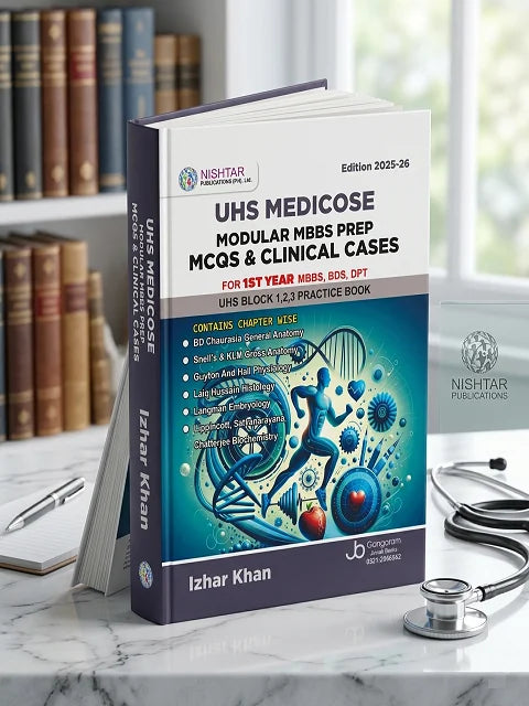 Book titled 'UHS Medicose Modular MBBS Prep MCQS & Clinical Cases' on a marble surface with books and a stethoscope in the background.