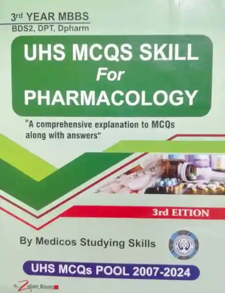 Book cover of 'UHS MCQS Skill For Pharmacology' with green and red design elements.